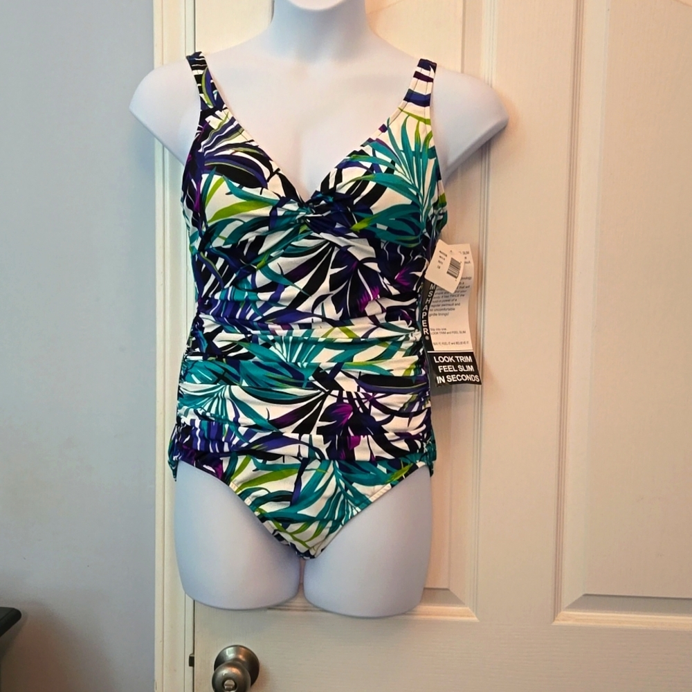 Trimshaper size 16 one piece, blue green teal purple on white background